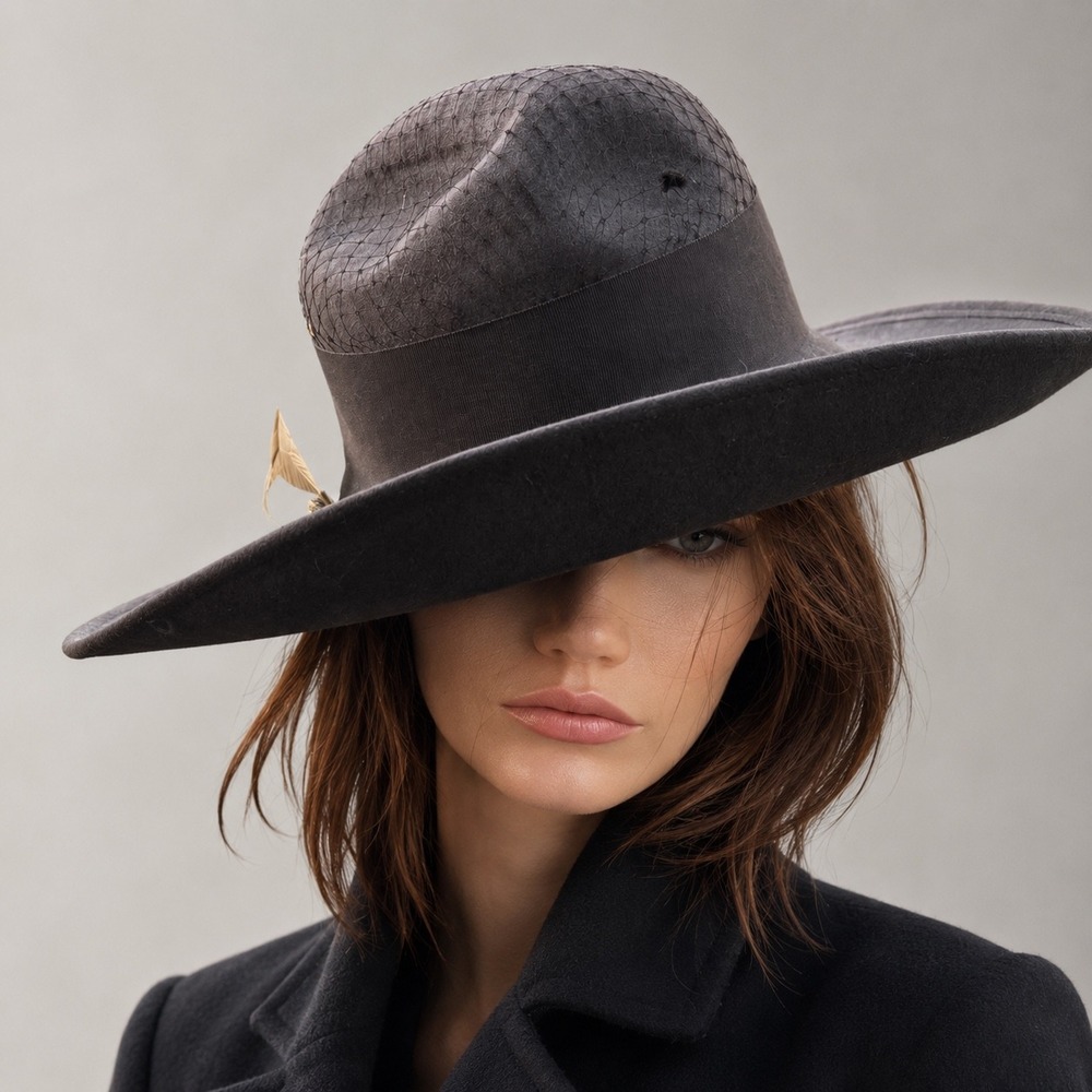 Vintage Grey Felt Wide Brim Fedora Hat with Netting and Yellow Feathers